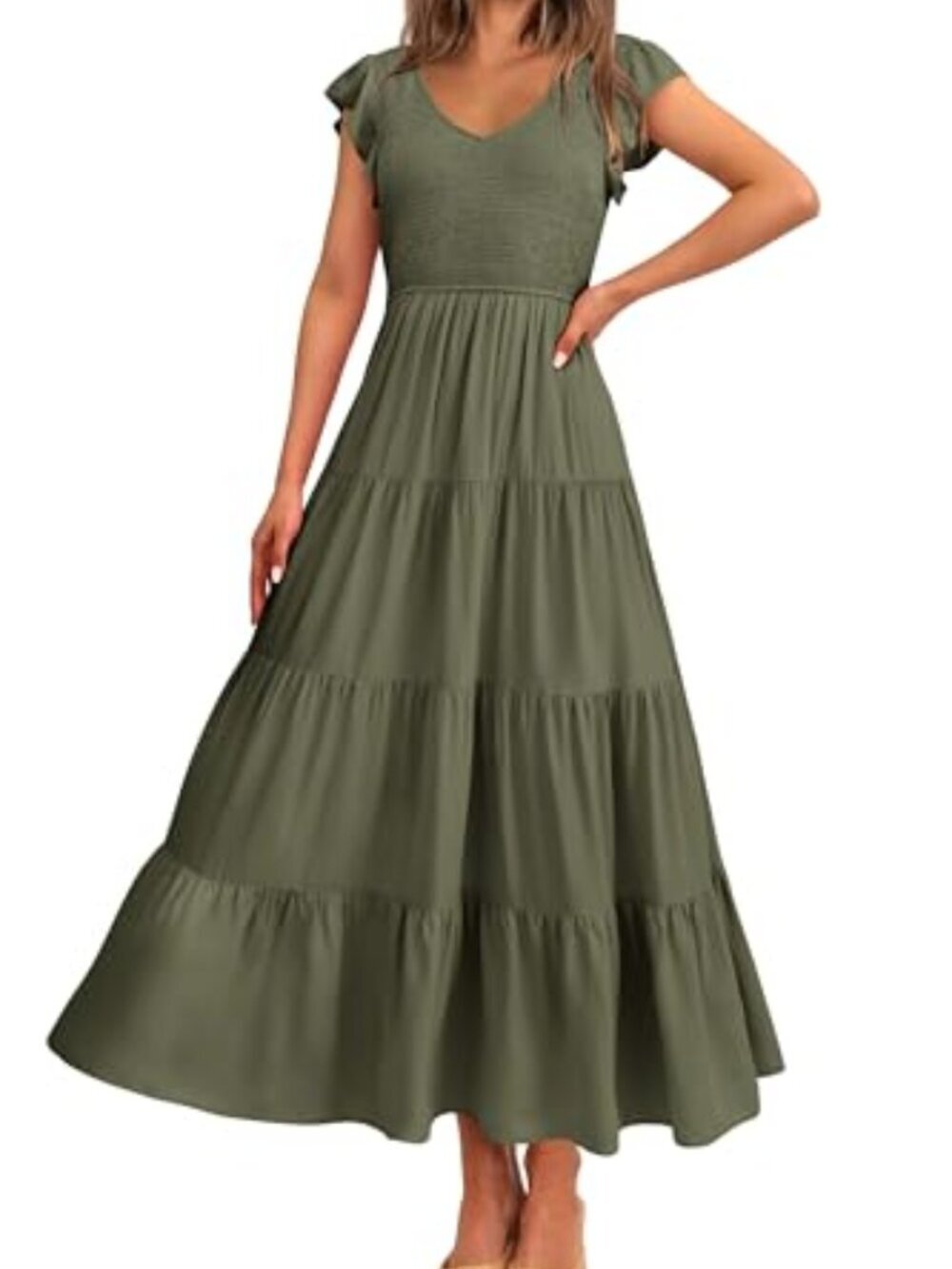 🆕 Womens Summer Flowy Maxi Dress Casual Cap Sleeve V Neck Smo - Solid Army